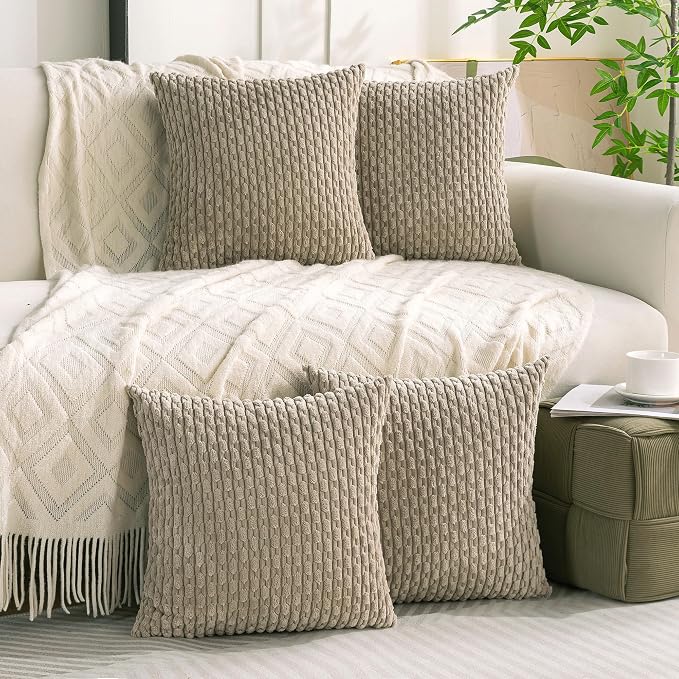 Set of 4 Taupe Decorative Throw Pillow Covers 16x16 Inch Corduroy Pillow Covers - Image 9