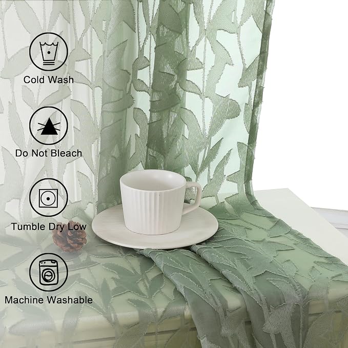 Lecloud Leia Sage Green Sheer Curtains 120 Inches Long 2 Panels, Jacquard - Image 4