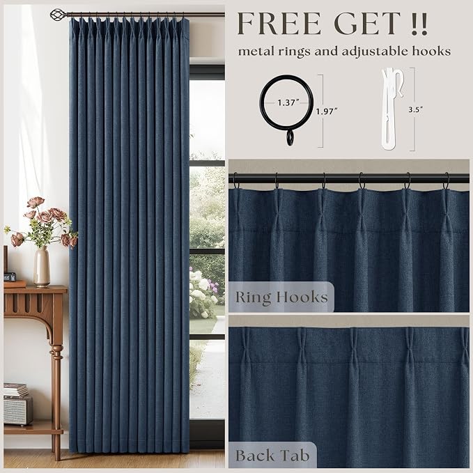 Navy Blue Pinch Pleated Linen Blend Full Blackout Curtains 86 Inch Length | - Image 3