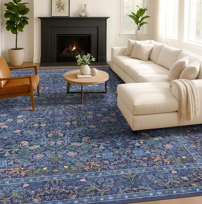Washable Dark Blue Rug for Living Room by HazoHaus