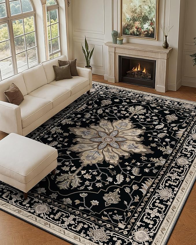 Area Rugs 9'x12' Washable Non-Slip, Floral Vintage Distress Print Pattern by RELEANY