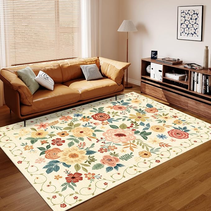 DUKINO 5x7 Area Rug Floral Washable Living Room Rug Non Slip Beige Yellow | Soft - Image 8