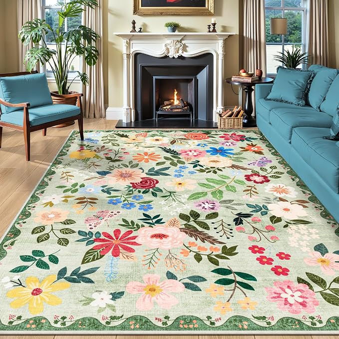 PLHXFR 8x10 Area Rug Living Room: Floral Washable Boho Soft Carpet Green | by PLHXFRSoftAreaRugs