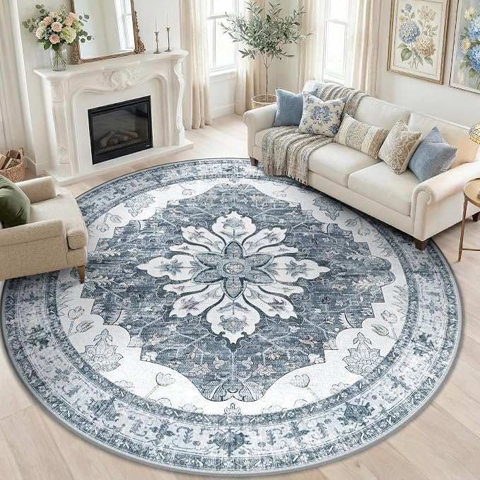 Area Rugs 8ft Washable Non-Slip, Floral Vintage Distress Print Pattern by RELEANY