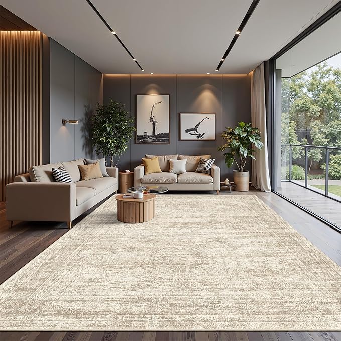 12x15 Washable Area Rug Beige Neutral Abstract Living Room Large Carpet Non - Image 2