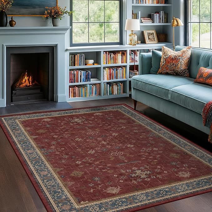 5x7 Boho Dark Red Rug for Living Room by HazoHaus
