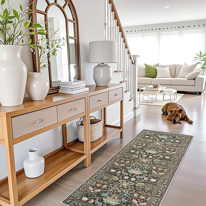 Hallway 2x5 Washable Runner Rug: Oriental Floral Stain Resistant Rug - Image 6