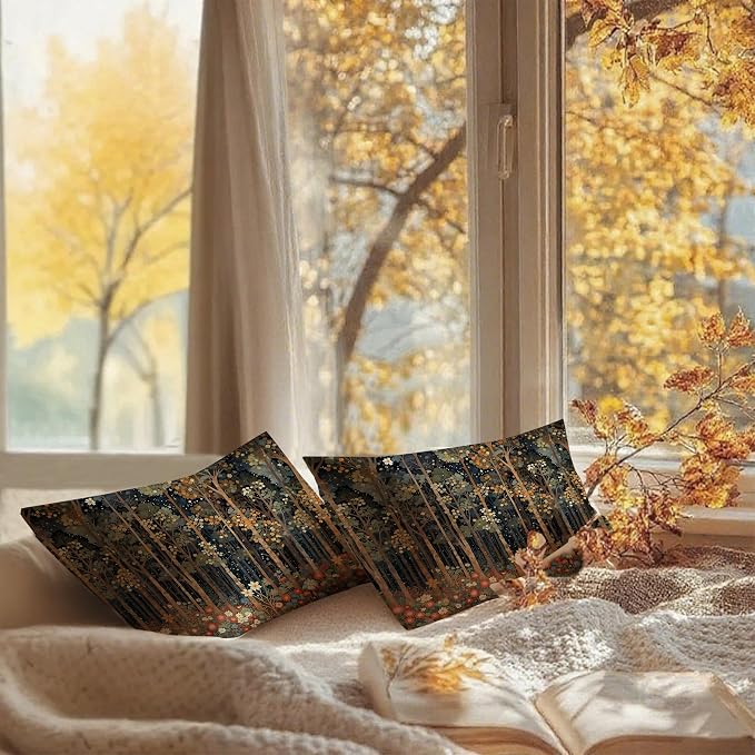 Rustic William Morris Inspired Autumn Forest Pillow Covers 12x20 Set of 2 - Image 6