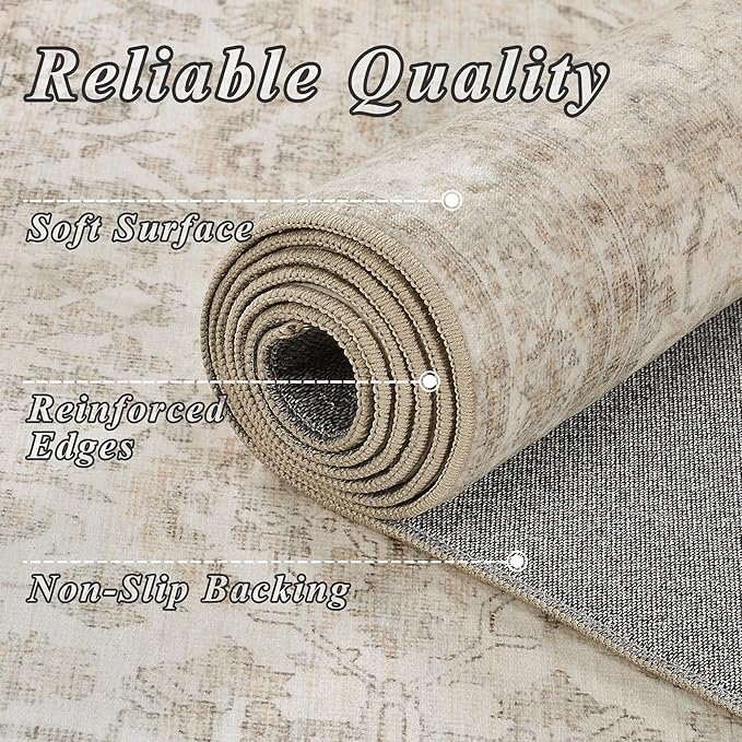 Schweek 4x6 Beige Area Rug Washable Non Slip Vintage Neutral Entryway Rugs | - Image 4