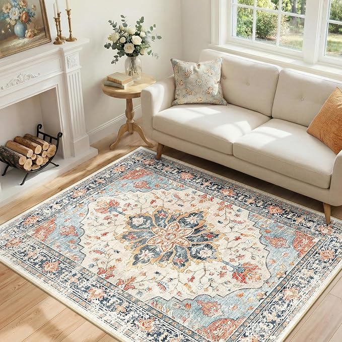 Area Rugs 4'x6' Washable Non-Slip, Floral Vintage Distress Print Pattern by RELEANY