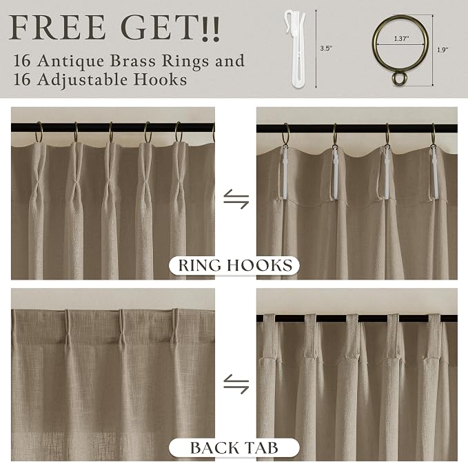 Linen Grey Beige Camel Pleated Light Filtering Curtains 120 Inch Long 50W | - Image 6