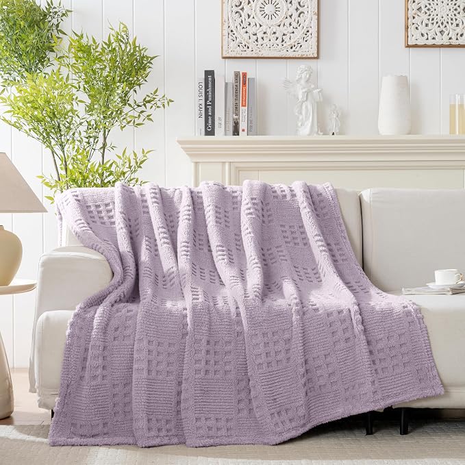 50x70 Inch Waffle Purple Throw Blanket -Fluffy Fleece, Neutral Tan Color - Image 5
