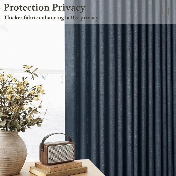 Navy Blue Pinch Pleat Light Filtering Thick Linen Curtains 102 Inches Long | - Image 6