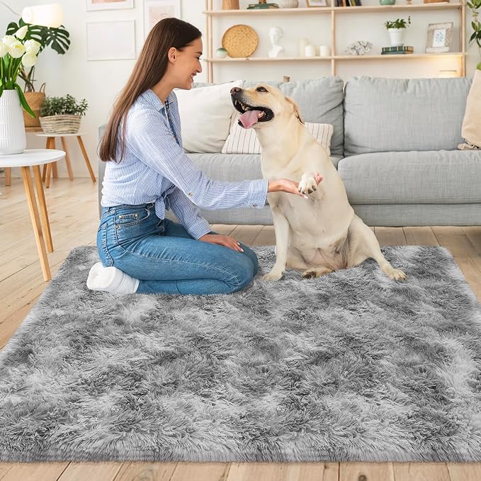 Small Area Rug for Bedroom 3x5ft Mini Tie Dye Grey Fluffy Rug Mat Bedside Throw - Image 2