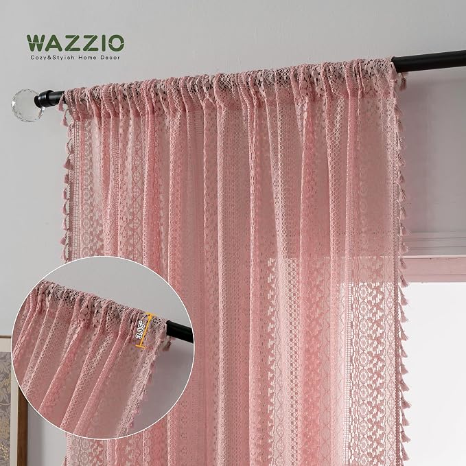 WAZZIO Boho Lace Curtains 84 Inches 2 Panel, Light Filtering Privacy Tassel & - Image 3