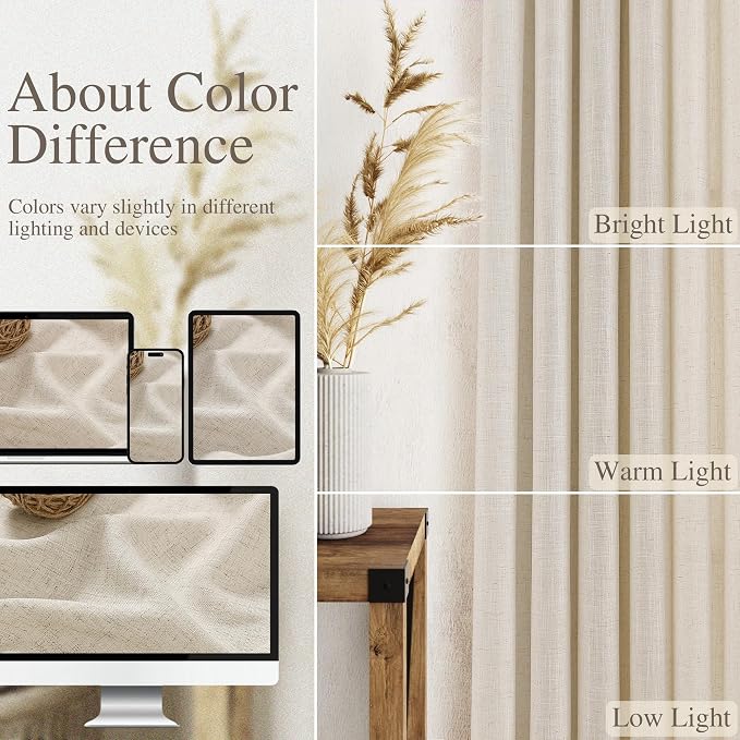 Warm Beige Linen Curtains 102 Inches Long Rod Pocket Back Tab Drapes 2 Panels - Image 7
