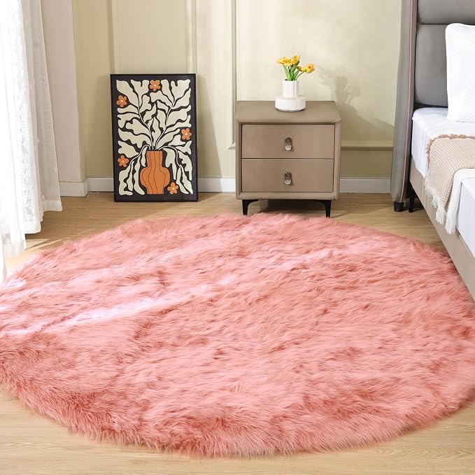 ORINOVA Pink Plush Round Rugs 6ft Large Washable Faux Fur Area Rugs by ORINOVA