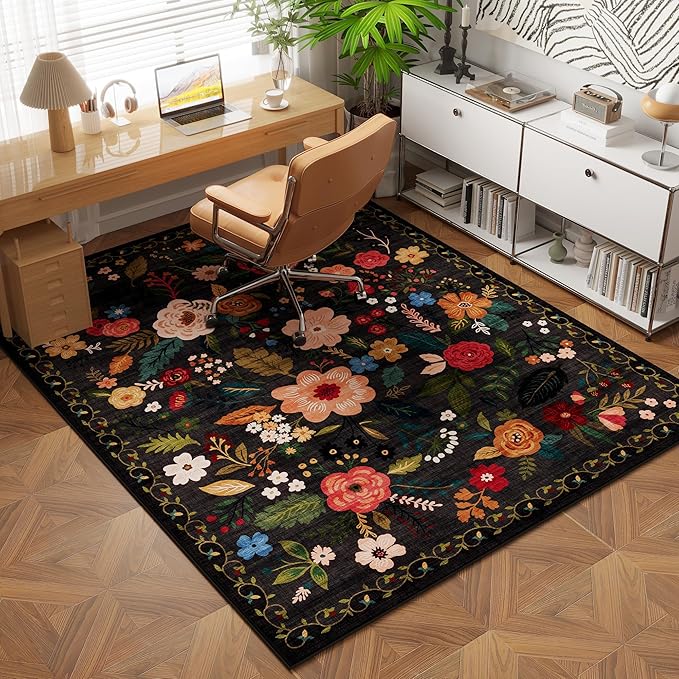 Rugcomf Area Rug 4x6 Rug Washable Boho Rugs Non Slip Low Pile Floral Small - Image 2