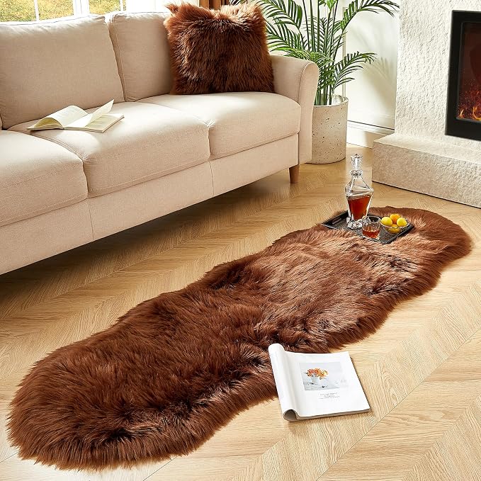 AMTOVO Faux Sheepskin Rug, Coffee Ultra Soft Fluffy Shag Area Rug, 2 x 6 ft - Image 7