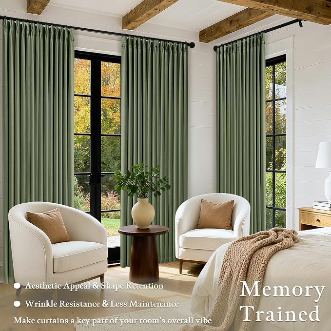86 Inch Olive Green Linen Pinch Pleated Blackout Curtains - Image 4