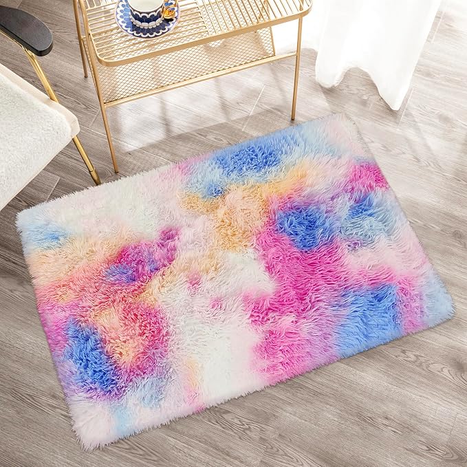 Small Fluffy Colorful Rug for Bedroom Girls 2x3 Mini Kawaii Rainbow Tie Dye - Image 4