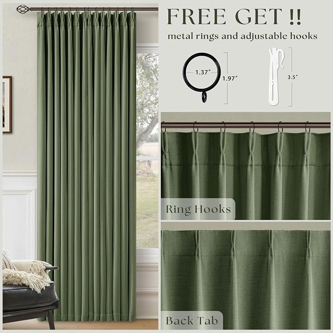 86 Inch Olive Green Linen Pinch Pleated Blackout Curtains - Image 5