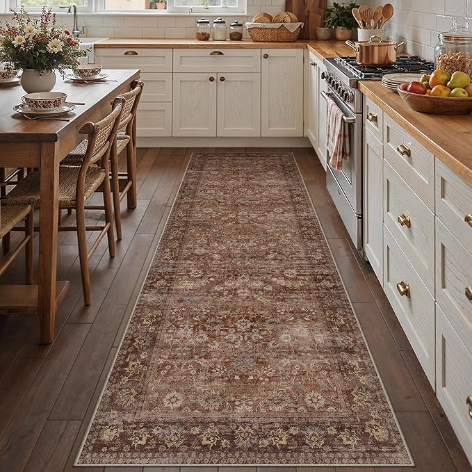 3x10 Brick Red Vintage Floral Washable Runner Rug by HUGEAR