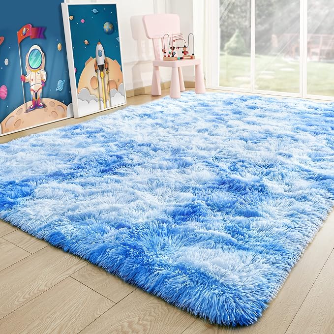 5x7 Tie-Dyed Blue Fluffy Soft Area Rug Non-Slip - Image 8