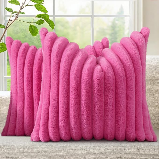 decorUhome Fall Faux Fur Throw Pillow Covers 24x24 Set of 2 Hot Pink | by decorUhome