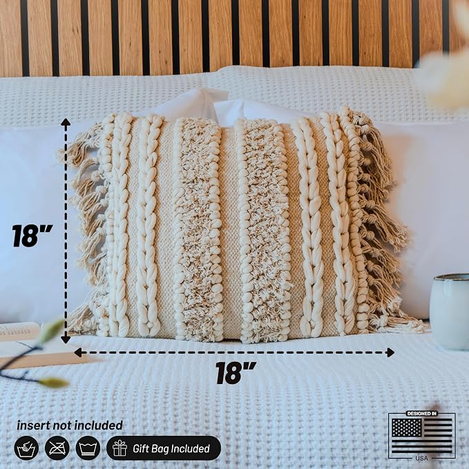 Decorative Boho-Chic Square Pillow Cover 18x18 Handwoven Tufted Braided Cotton - Image 3