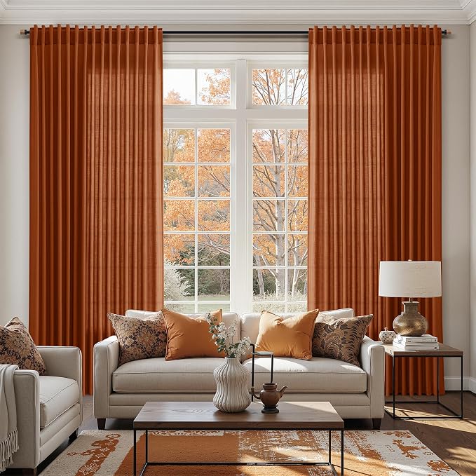 Rust Linen Curtains for Living Room 120 Inches Long Light Filtering Semi Sheer - Image 6