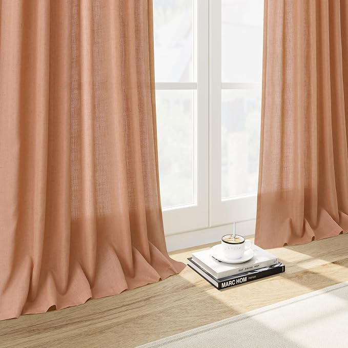 Peach Quartz Linen Curtains 96 Inch Length 2 Panel Set Back Tab Rod Pocket - Image 6