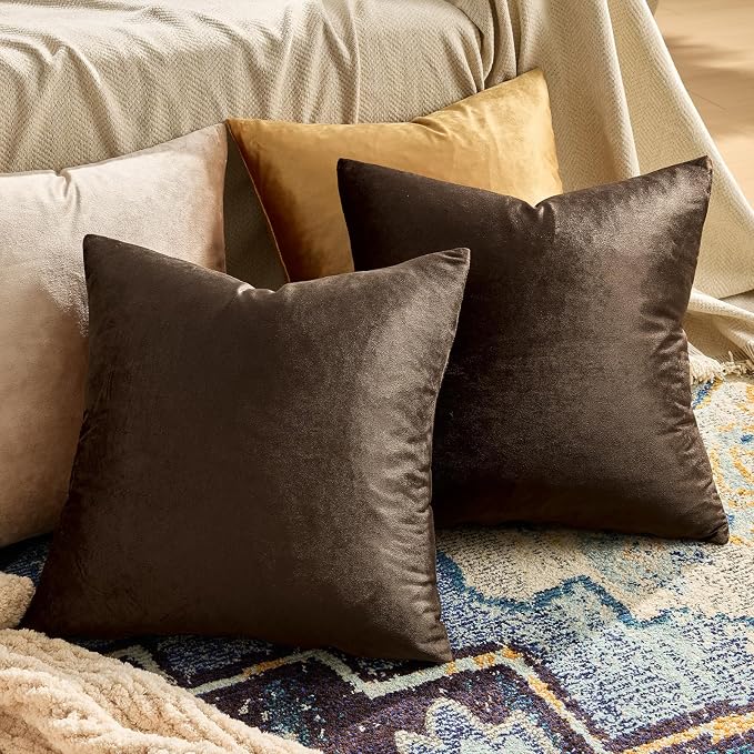 GIGIZAZA Brown Velvet Pillow Covers 16x16, Square Solid Throw Pillow Covers - Image 2