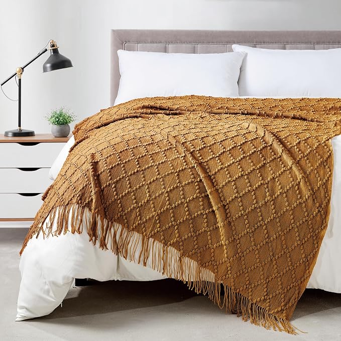 BOURINA Almond Throw Blanket 50 x70 Inches Jacquard Argyle Throw Textured Solid by BOURINA