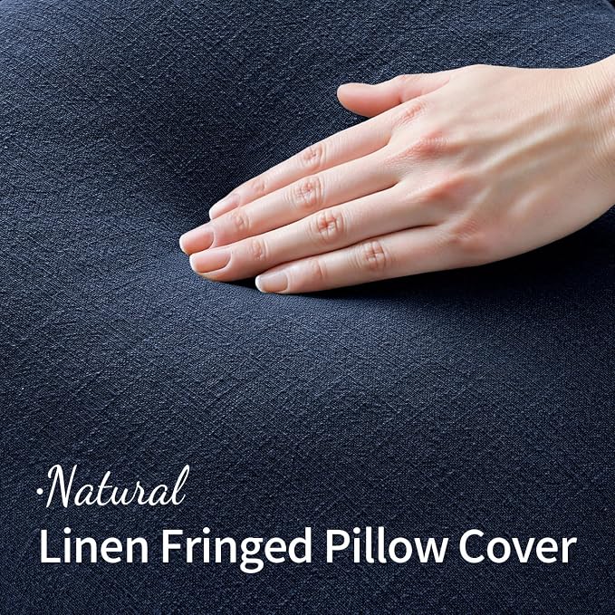 MIULEE Linen Fringe Decorative Euro Throw Pillow Covers Dark Navy 22x22 | Set - Image 2