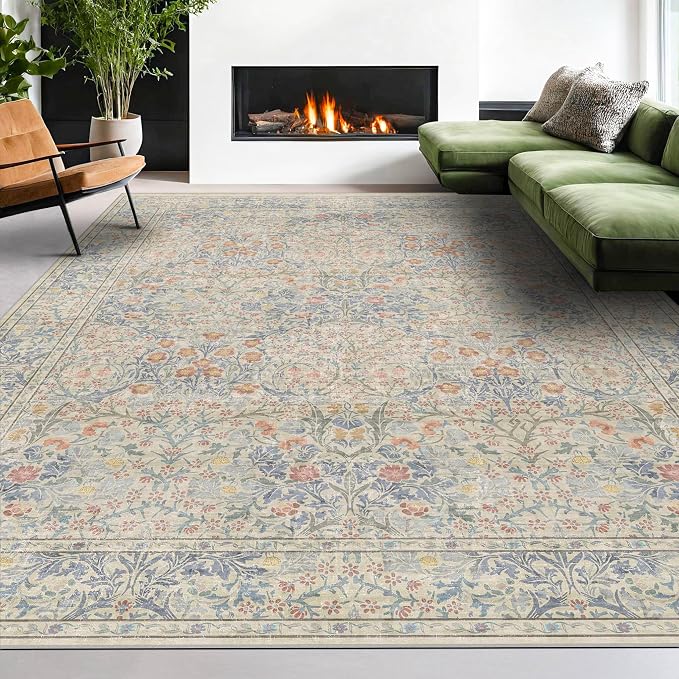 Vintage Washable Beige Blue 10x14 Rug - Image 4