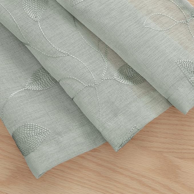 HOMEIDEAS Sage Green Sheer Curtains 52 x 54 Inch Length 2 Panels Embroidered - Image 6