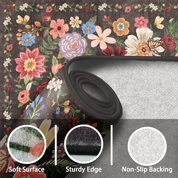 Floral Washable 6x9 Area Rugs, Soft Black/Brown Bedroom Rug - Image 5
