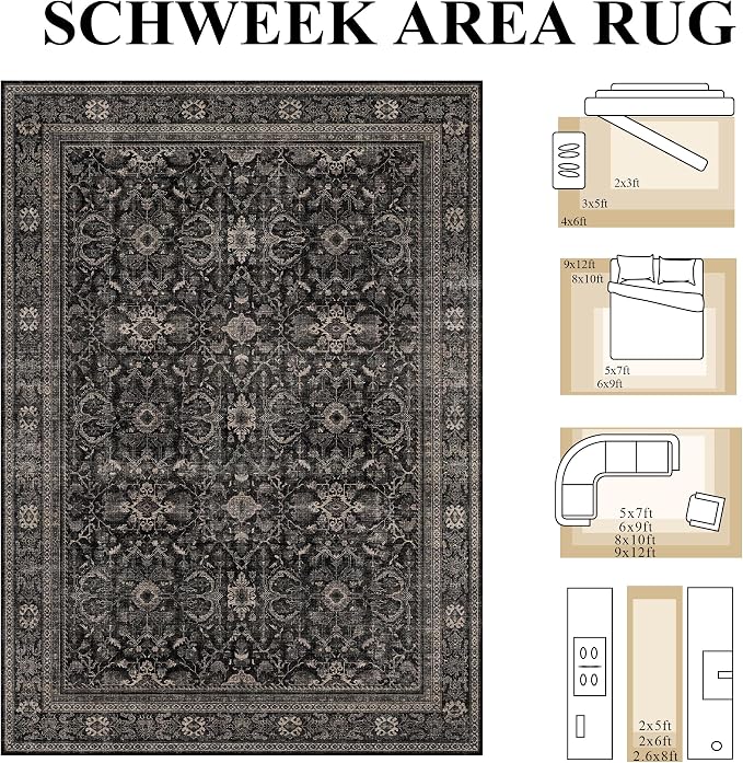 Schweek 2x5 Runner Rug Washable Vintage Non Slip Black Floral Hallway Rugs | - Image 2