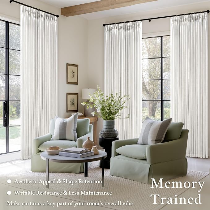 120 Inch Length Semi Sheer Thick Linen Pleat Curtains Ivory Beige White 50W | - Image 2