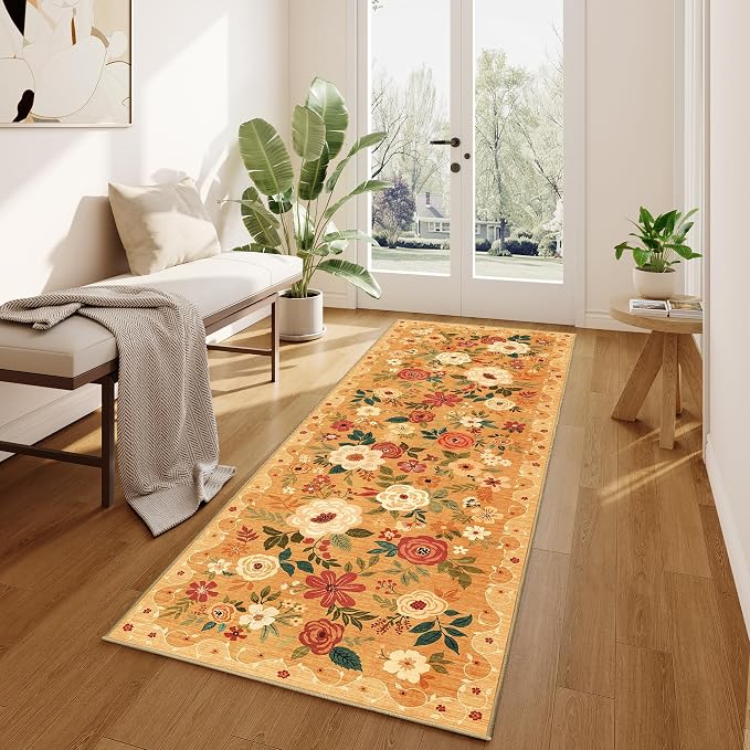 DUKINO 2x10 Runner Rug, Floral Washable Kitchen Runner Rug Non Slip, Low Pile - Image 2