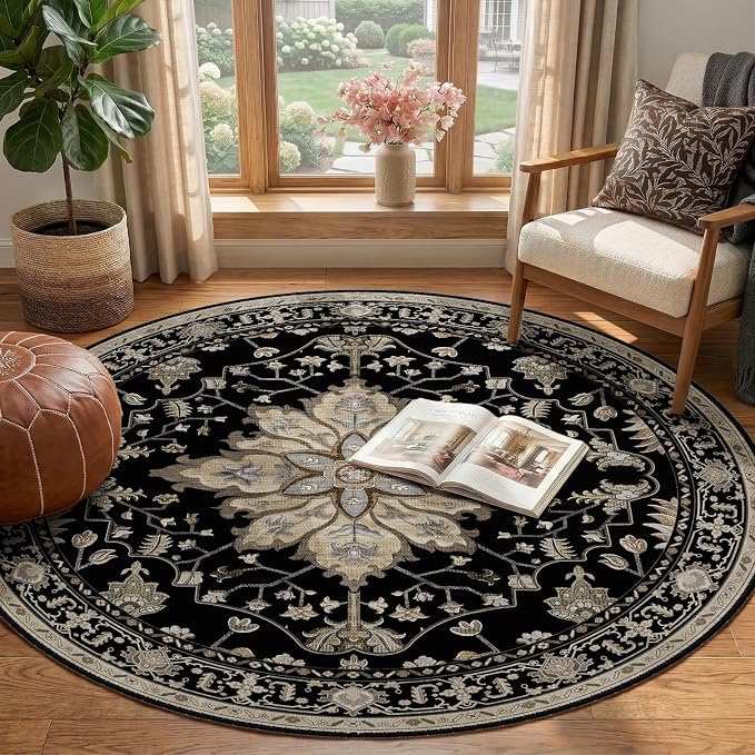 Area Rugs 4ft Washable Non-Slip, Floral Vintage Distress Print Pattern - Image 2