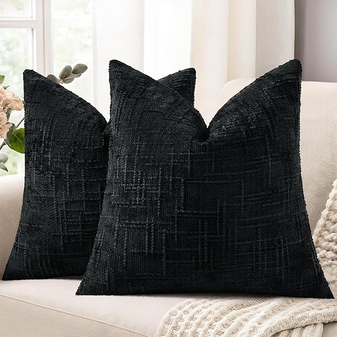 decorUhome Black Chenille Throw Pillow Covers 20x20 Set of 2 Textured Soft Cozy by decorUhome