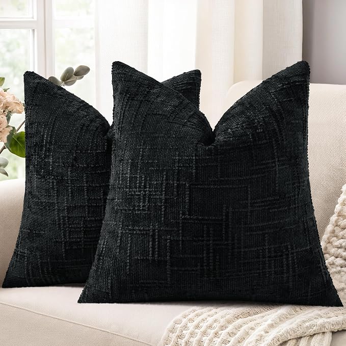 decorUhome Black Chenille Throw Pillow Covers 16x16 Set of 2 Textured Soft Cozy by decorUhome
