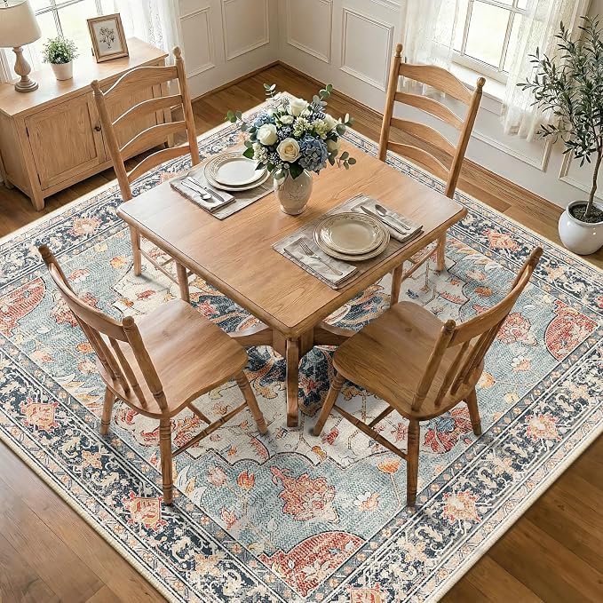 RELEANY Area Rugs Square 8ft Washable Non-Slip, Floral Vintage Distress Print - Image 2