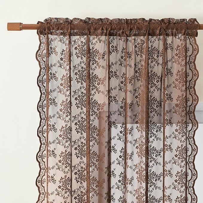 YJ YANJUN Vintage Lace Curtains 96 Inches Long-Victorian Floral Sheer Brown - Image 2