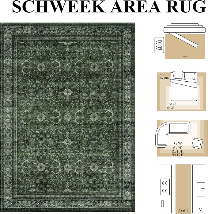 Schweek Green 6x9 Area Rug Non-Slip Washable Neutral Rugs - Image 2