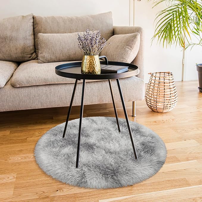 Tie Dye Grey Round Rugs Small 3x3 ft Fluffy Circle Rug Furry Carpet Shaggy - Image 3