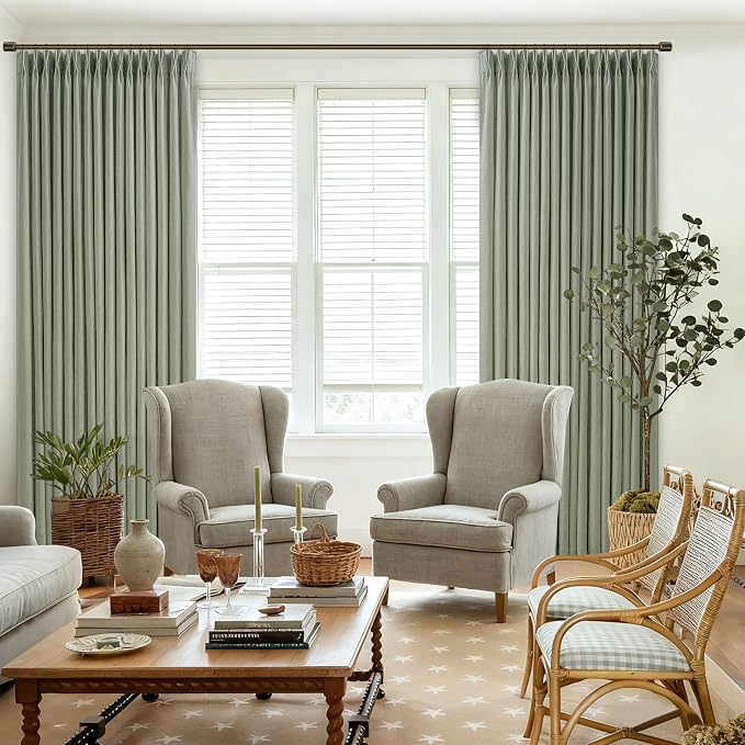 108 Inch Pinch Pleated Light Filtering Linen Memory Trained Green Curtains | - Image 8