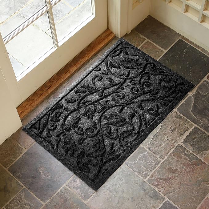 Boho Black Floral Leaves Outdoor Indoor Entrance Doormats, Absorbent Durable - Image 3